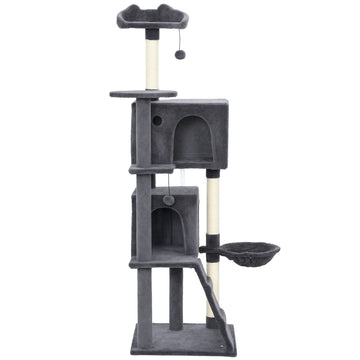63 Inch Cat Tree with Sisal Scratching Posts, Condos, Plush Perches, Hammock, Ladder, Dangling Balls, Dark Grey