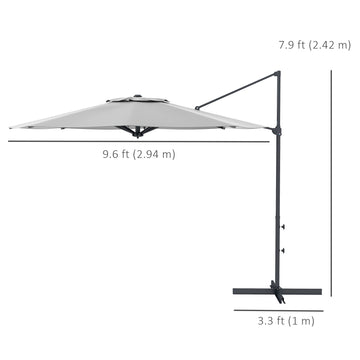 10 FT Cantilever Umbrella, Aluminum Hanging Offset Umbrella with 360°Rotation, Crank, Tilt, Cross Base, Grey