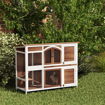 Two-Tier Wooden Rabbit Hutch with Openable Roof, Slide-Out Tray