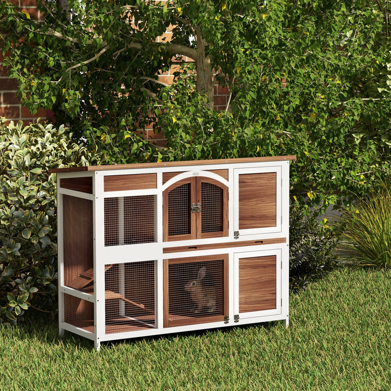 Two-Tier Wooden Rabbit Hutch with Openable Roof, Slide-Out Tray