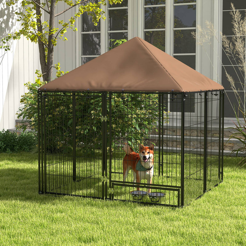 4.6' x 4.6' x 5' Outdoor Dog Kennel with Canopy, Rotating Bowls