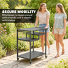 Outdoor Grill Cart, BBQ Stand, Three-Shelf Pizza Oven Stand with Hooks, Garbage Bag Holder, Wheels, Black