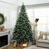 9ft Flocked Prelit Christmas Tree Spruce, Dual Colour, Remote, Hinged Artificial Xmas Tree with Pinecones, Berries