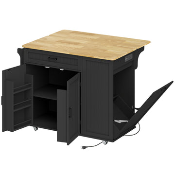 Îlot de cuisine portatif avec station de recharge, abattant en bois de caoutchouc, rangement pour poubelle, noir