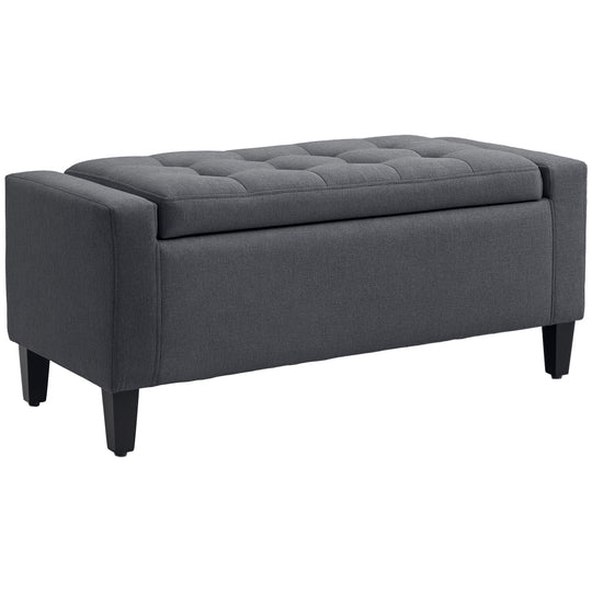 Storage Ottoman Bench, Linen Upholstered Bench with Tufted Design, Flipping Top, Dark Grey