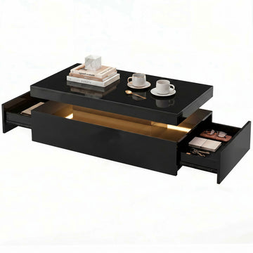 Table Basse LED avec Rangement, Table Centrale Moderne à 2 Niveaux avec 2 Tiroirs pour Salon, Noir Haute Brillance