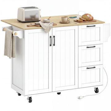 Îlot de cuisine avec rabat, chariot de cuisine roulant avec prise de courant, armoire, 3 tiroirs, porte-épices, porte-serviettes, blanc