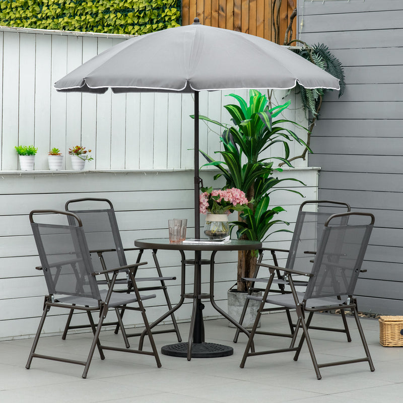 6 Pieces Outdoor Dining Set for 4 with Umbrella Patio Outdoor Furniture Set with Round Table 4 Folding Chairs Grey