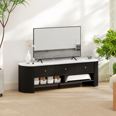 Meuble télé moderne avec plateau effet marbre, 3 tiroirs et 2 étagères ouvertes pour téléviseur de 32 à 65 pouces, noir