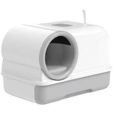Cat Litter Box Easy Clean Drawer Odor Control Hooded Cat Litter Tray with Scoop White and Grey