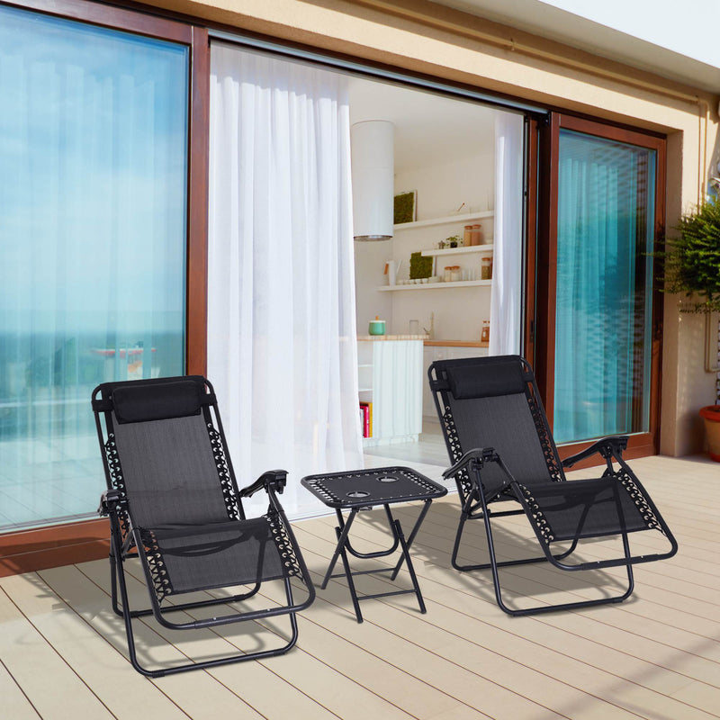 Zero Gravity Chair Set of 2 Patio Chair with Side Table Cupholders and Pillows for Pool, Backyard, Lawn, Black