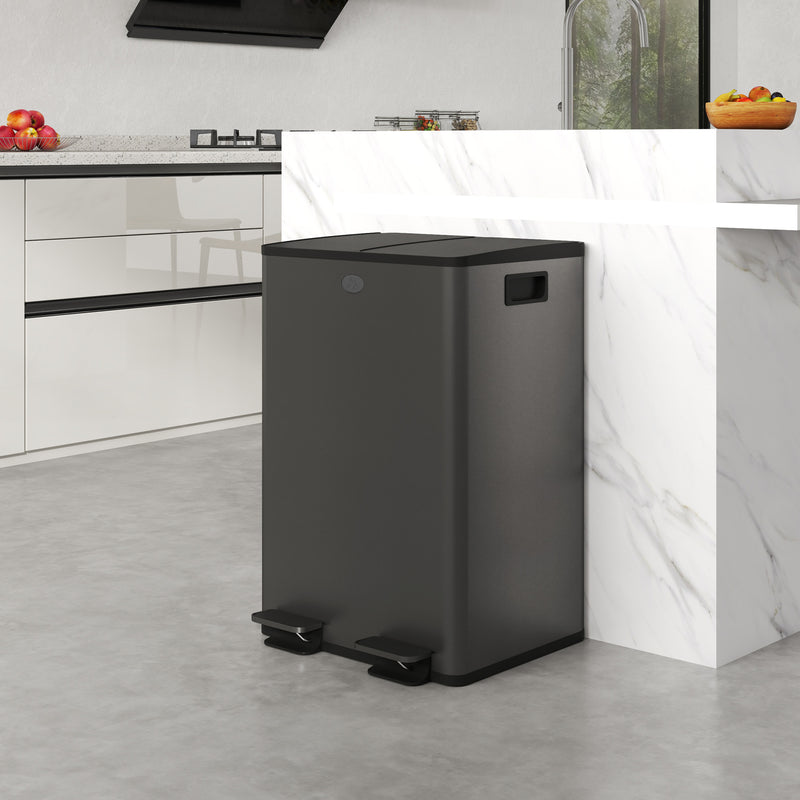 Dual Garbage Bin, Soft-Close Trash Can with Foot Pedal, 2 x 28 Liter Garbage Can with Removable Inner Buckets, Black