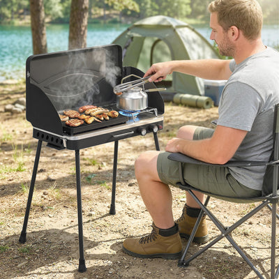 2-in-1 Camping Stove & Gas Griddle Combo, 20,000 BTU Portable Propane Grill with Detachable Legs, Wind Guards, Black