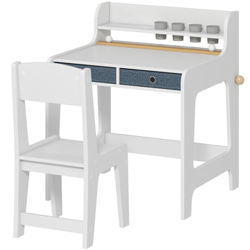 Qaba Kids Study Table and Chair Set, Art Desk and Chair Set with Storage Shelf and Drawers for 3-8 Year Old