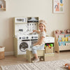 Qaba Kids Kitchen Playset, 2-in-1 Convertible Table and Chair Set with Sink, Oven, Microwave, Accessories for 3-8