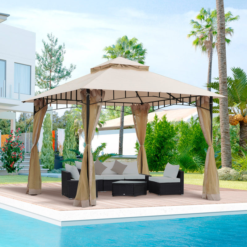 10' x 10' Double Tier Garden Gazebo Canopy Outdoor Sunshade Tent Water-Resistant Anti-UV Roof with Metal Frame and Mesh Sidewalls