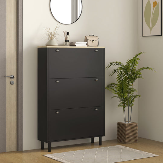 Shoe Storage with 3 Flip Drawers and Adjustable Shelves, Entryway Shoe Storage Cabinet for 24 Pairs of Shoes, Black