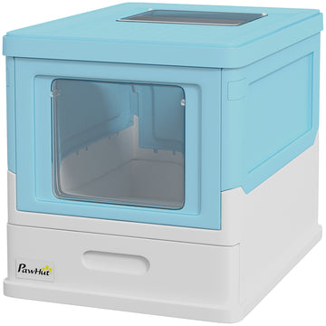 Top Entry Enclosed Kitty Litter Box with Scoop, Tray, Front Entry, Large Space, Foldable, Portable, Blue