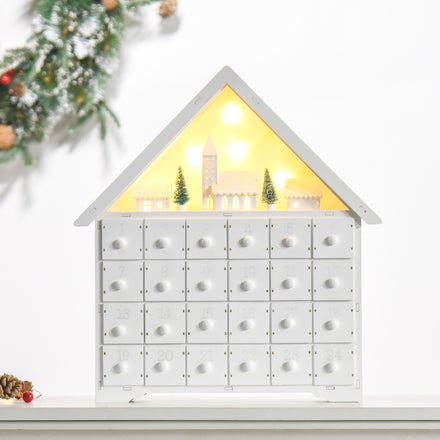 Christmas Advent Calendar, 2022 Light Up Table Xmas Wooden House Holiday Decoration with Countdown Drawer, Village, for kids Adults, White