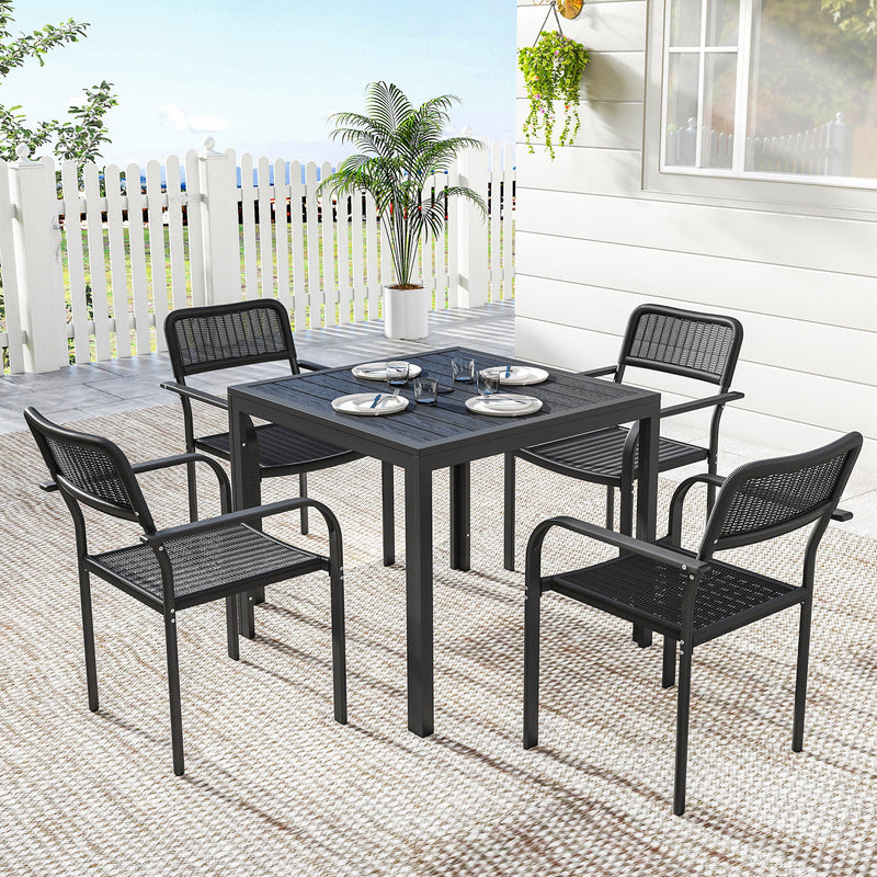 Outdoor Dining Set for 4, Faux Wood Metal Patio Table and Stackable Chairs with Plastic Rattan Effect Seat, Black
