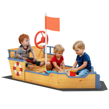 Kids Wooden Sandbox Pirate Ship Sandboat Outdoor Backyard Playset Children Sandpit w/ Bench Seat Storage Space & Flag for 3-6 Years Old
