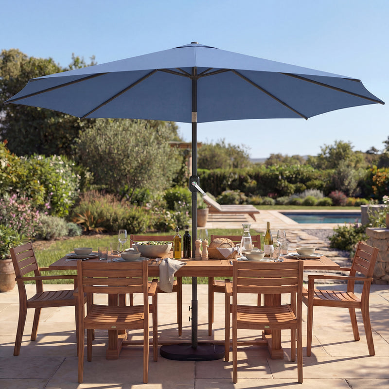 10' x 10' Round Market Umbrella with Base and Sandbag, Patio Umbrella with Crank Handle and Tilt, Blue