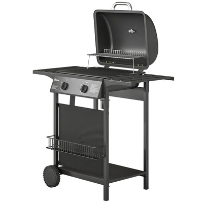 2-Burner Propane Gas Grill, 18000 BTU BBQ Grill with Wheels, Warming Rack, Shelf, Thermometer, Grease Cup, Black