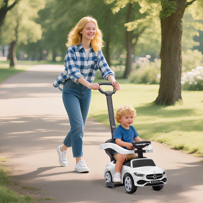 Qaba Licensed Mercedes-Benz Push Car for Toddlers, 2-in-1 Sliding Walking Car with Push Handle, Horn, Guardrail, White