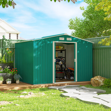 9.1'x6.4'x6.3' Garden Storage Shed w/ Foundation Kit Metal Tool Storage House w/ Double Doors, Green
