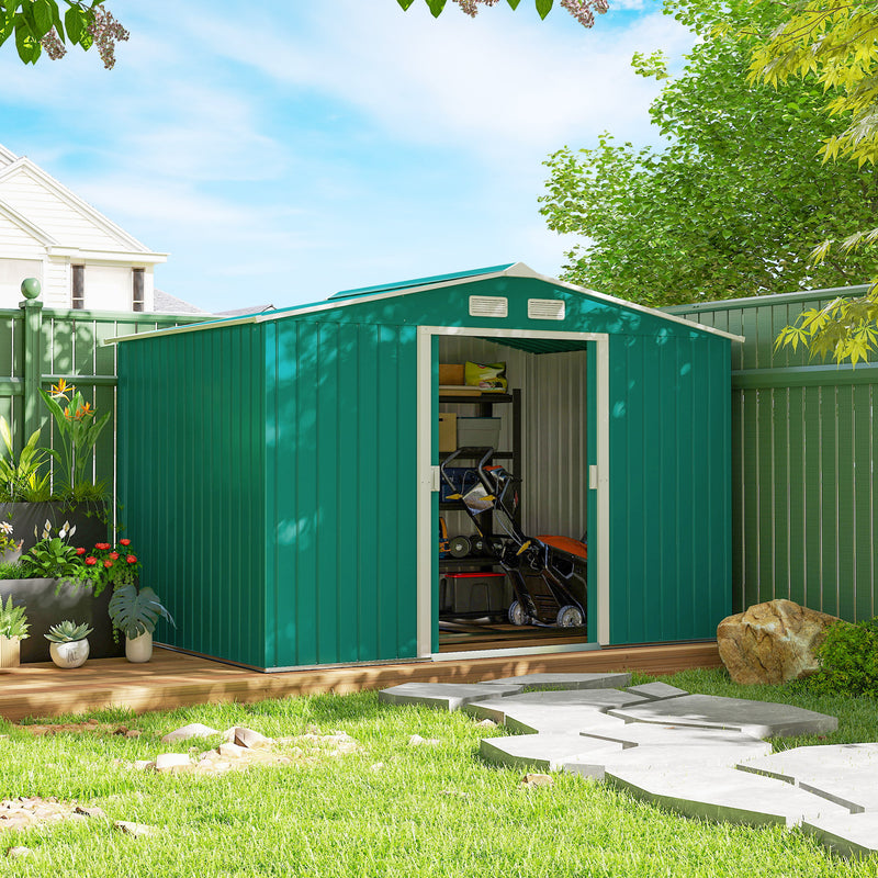 9.1'x6.4'x6.3' Garden Storage Shed w/ Foundation Kit Metal Tool Storage House w/ Double Doors, Green