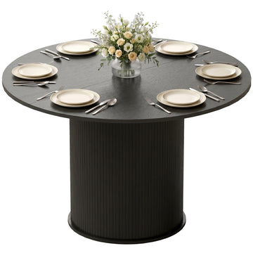 Round Dining Table for 4-6, 47 Inch Kitchen Table with Fluted Pedestal Base, for Kitchen Living Room Dining Room, Black, Black Wood Grain