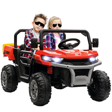 12V Ride on Car with Electric Bucket, Two-Seater, Shovel, Remote Control, Spring Suspension, Horn, Music
