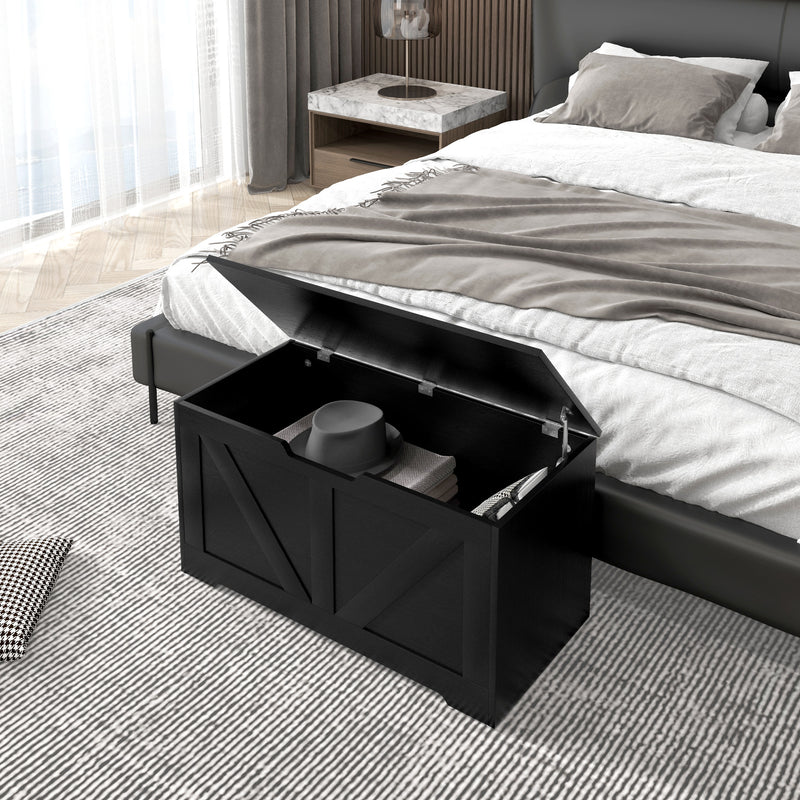 31.5 Inches Storage Chest, Storage Trunk with 2 Safety Hinges for Living Room, Black Wood Grain