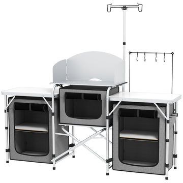 Aluminum Camping Kitchen, Portable Folding Camping Table with Fabric Cupboards, Windshield, Bag for BBQ, Picnic, Grey