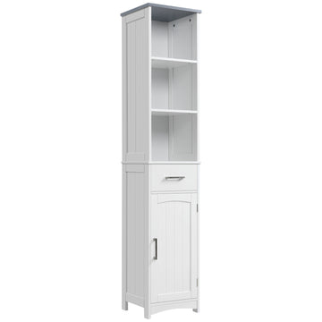 Tall Bathroom Storage Cabinet, Slim Bathroom Cabinet with 3 Tier Shelf, Drawer, Door, Freestanding Linen Tower, White