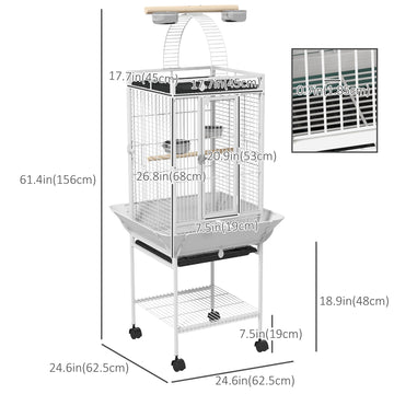 61.5 Inch Bird Cage Parakeet House for Cockatiel with Stand, Pull Out Tray, Play Top, Storage Shelf, Wood Perch, Food Container
