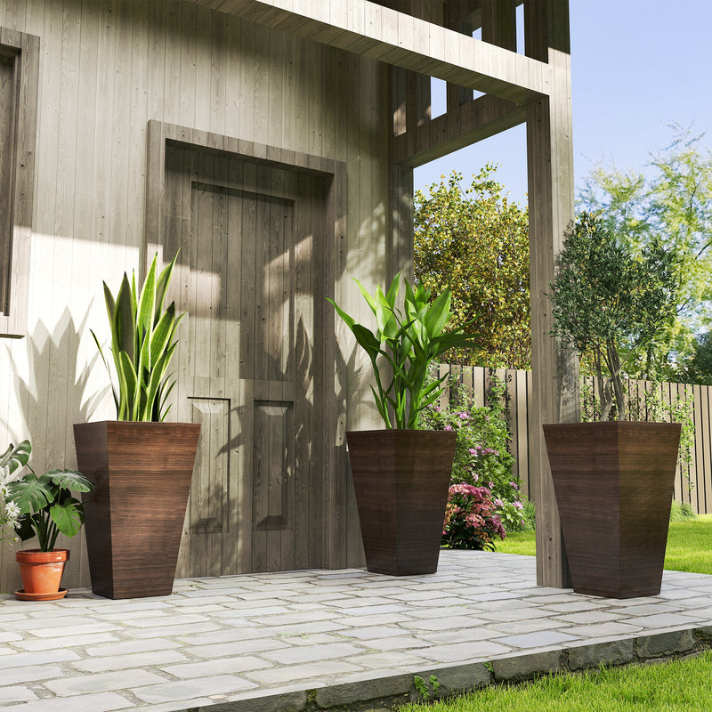 Tall Planter for Outdoor Plants Set of 3, 28 Inch Taper Planter with Drainage Holes, Brown