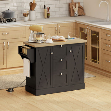 Îlot de cuisine style fermette avec prise de courant et portes à fermeture douce, 49 po avec 3 tiroirs, noir
