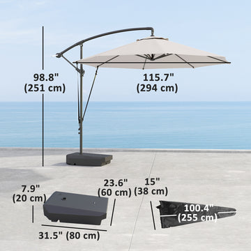 10FT Cantilever Umbrella with Fillable Base, Wind Strap and Cover, Offset Hanging Umbrella with Crank, Cream White