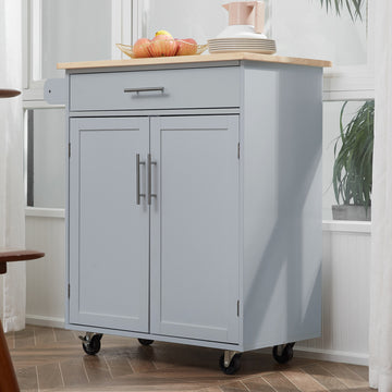 Rolling Kitchen Island Cart with Wood Top, Enough Storage Drawer Space with Towel Bar Rack Shelves, Portable Kitchen Utility Serving Cart Trolley on Wheels (Grey)