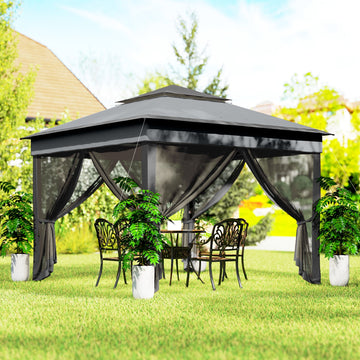 10.7 x 10.7ft Pop Up Gazebo, Adjustable Instant Sun Shelter with UV30+ Roof Cover, Removable Mesh Curtains, Dark Grey