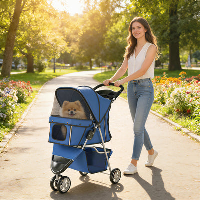 3 Wheels Foldable Dog Stroller with Storage Basket, Adjustable Canopy, Cupholder for Miniature and Small Dogs, Blue