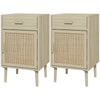 Boho Bedside Tables Set of 2, Nightstands with Drawer, Rattan Cabinet, Adjustable Shelf for Bedroom, Living Room, Oak