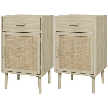 Boho Bedside Tables Set of 2, Nightstands with Drawer, Rattan Cabinet, Adjustable Shelf for Bedroom, Living Room, Oak
