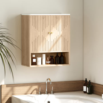 Bathroom Wall Cabinet, Wall-Mounted Medicine Cabinet with Adjustable Shelf, Open Shelf and Marble Effect Top, Oak
