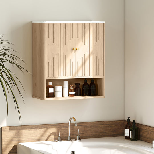 Bathroom Wall Cabinet, Wall-Mounted Medicine Cabinet with Adjustable Shelf, Open Shelf and Marble Effect Top, Oak