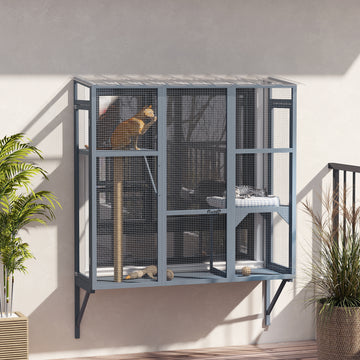 Wooden Catio Outdoor, Cat Window Box Enclosure for 2-3 Large Cats with 2 Jumping Platforms & Scratching Post, Grey