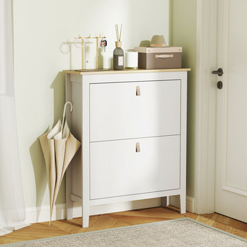 Narrow Shoe Cabinet with 2 Flip Drawers, Adjustable Shelves for Entryway, Holds 10-14 Pairs, White