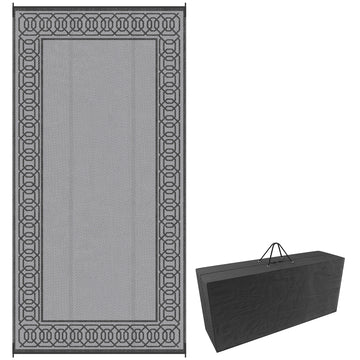 Portable Outdoor Rug with Carrying Bag, 9' x 18' Reversible Mat, Waterproof Plastic Straw RV Rug, Black and Grey
