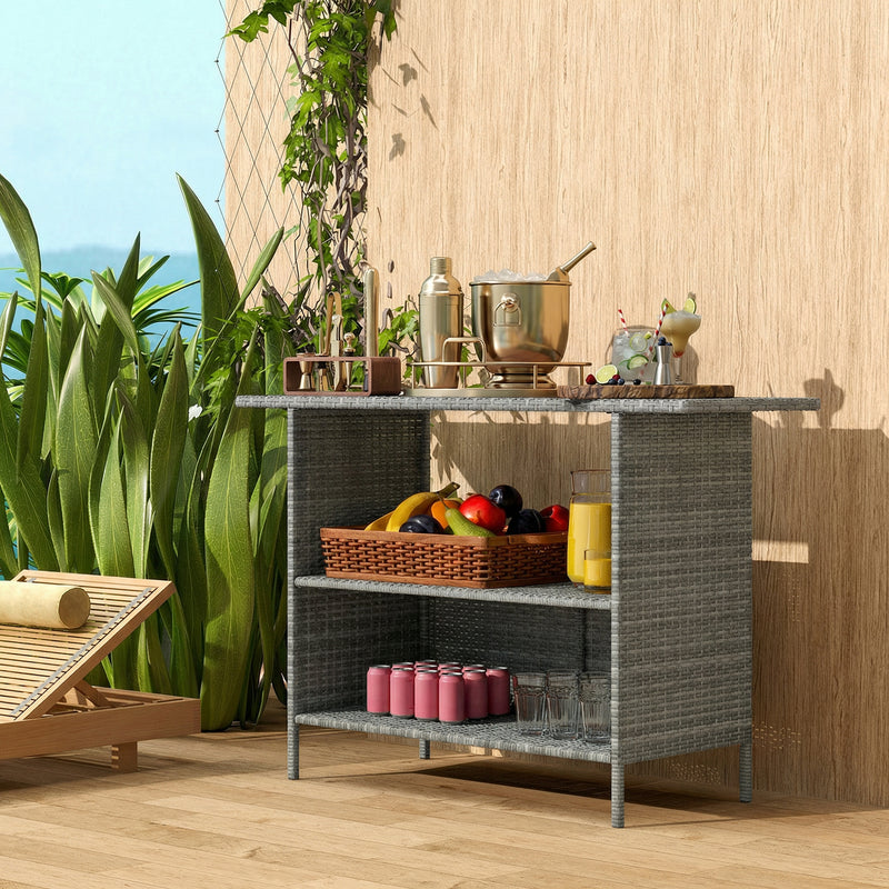 Wicker Outdoor Bar Table, PE Rattan Bar Height Patio Table with 2 Shelves, Steel Frame for Garden, Backyard